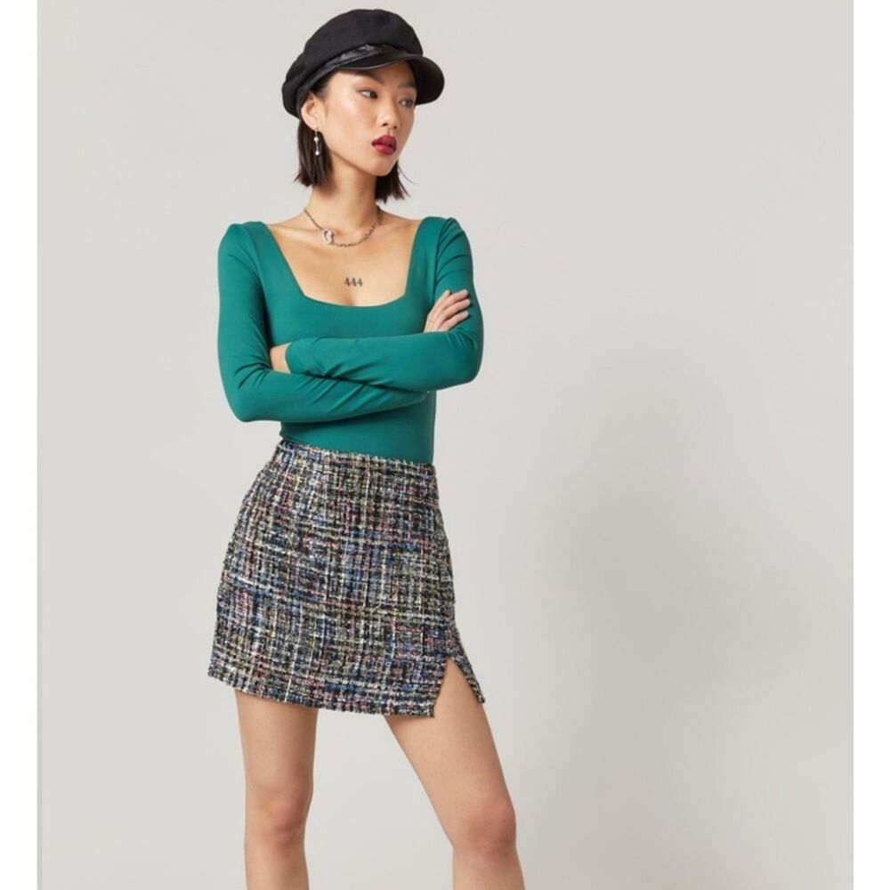 Francesca's Angie Tweed Mini Skirt Womens Size Medium Blue Rain Multicolor Slit